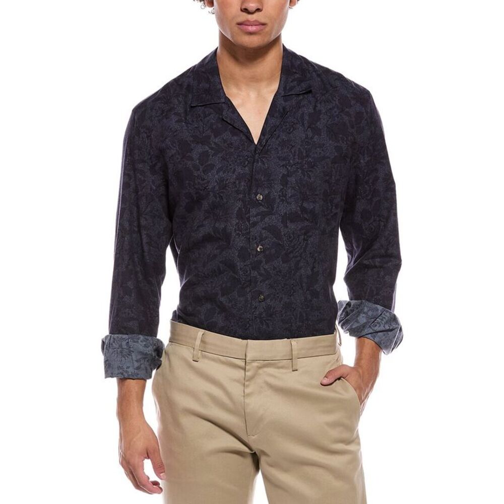 Isaia Mens  Camp Collar Shirt, Blue